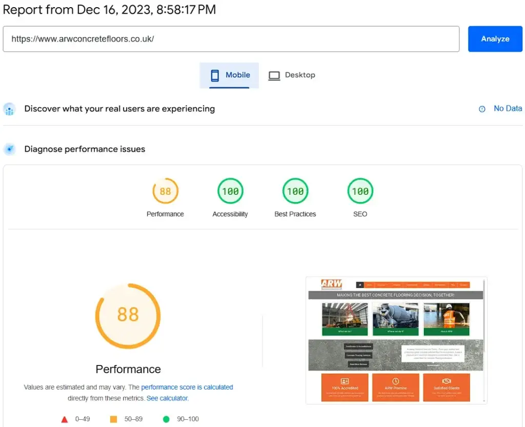 website speed performance, Google pagespeed insights, mobile speed performance, arw concrete floors ltd